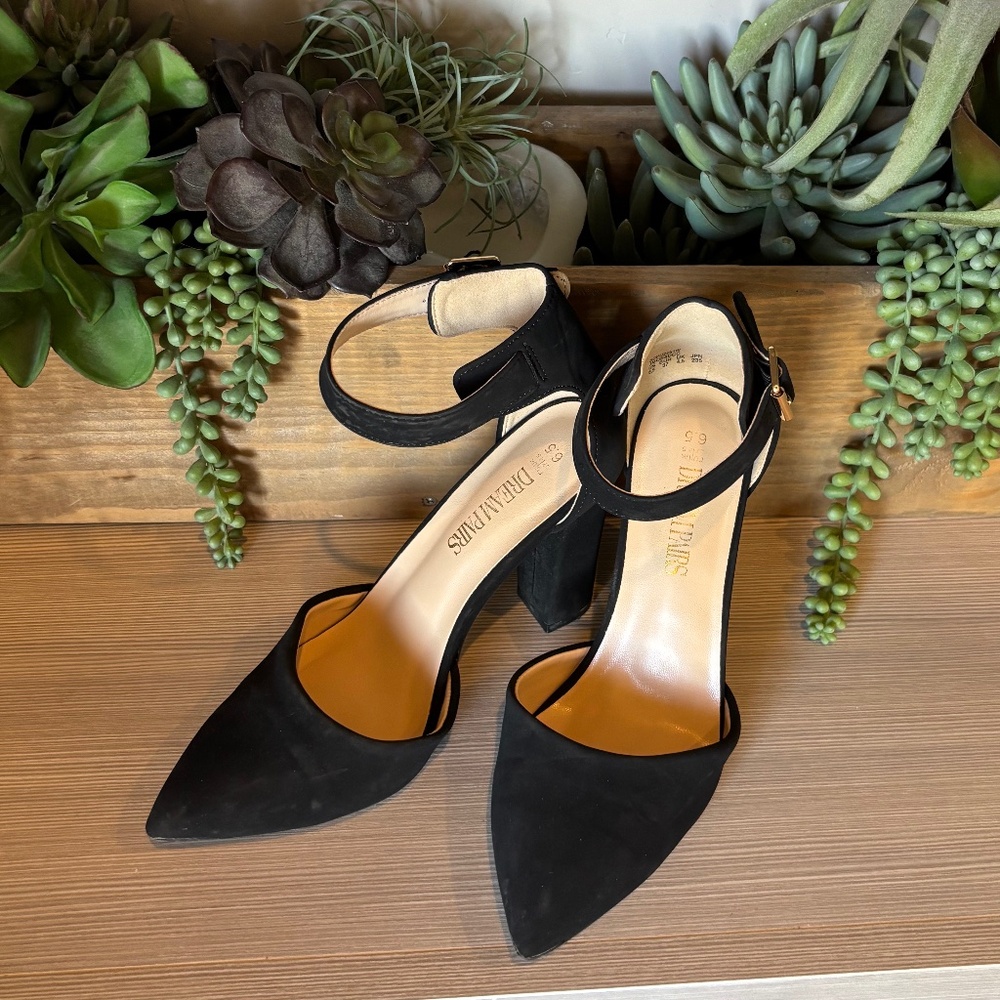 Black 3"inch Heels w/Pointed Toe & Strap Faux Black Suede.
